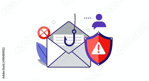 Email phishing scam with security shield and warning sign. Vector Illustrations. EPS Editable