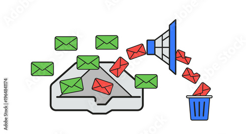 Email spam filter sorting messages into inbox and trash. Vector Illustrations. EPS Editable