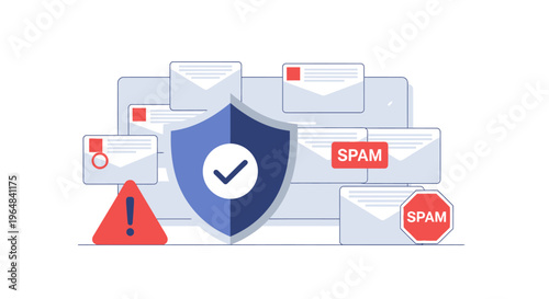Email spam protection and security shield concept. Vector Illustrations. EPS Editable