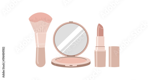 Essential Makeup Kit with Brush Compact Powder and Lipstick. Vector Illustrations. EPS Editable