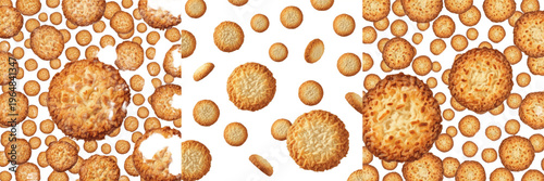 Coconut Cookies Flying - Biscuits à la noix de coco, Galletas de coco (Cocos nucifera). Tropical desiccated coconut macaroons. Exotic sweet biscuit explosion on screen background.