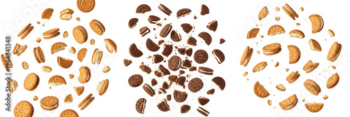 Sandwich Biscuits Broken Flying - Biscuits sandwich cassés, Galletas tipo sándwich rotas. Exploding cream-filled layered biscuits. Dynamic snack fragmentation and cream splash.