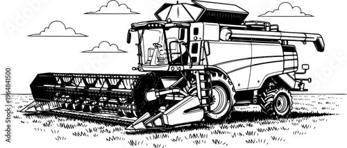 Black and White Sketch of a Combine Harvester on a Grassy Field
