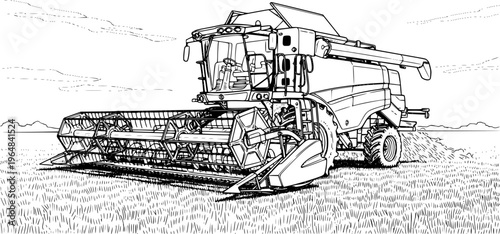 Black and White Sketch of a Combine Harvester on a Grassy Field
