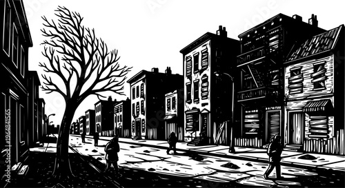 Monochrome woodcut illustration of a deprived neighborhood