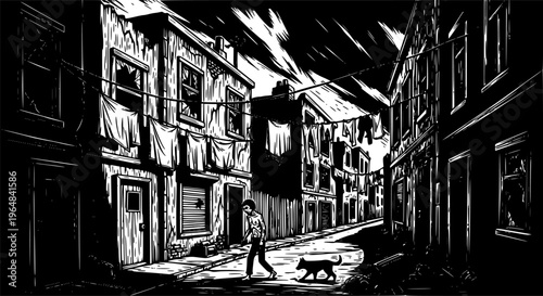 Monochrome woodcut illustration of a deprived neighborhood