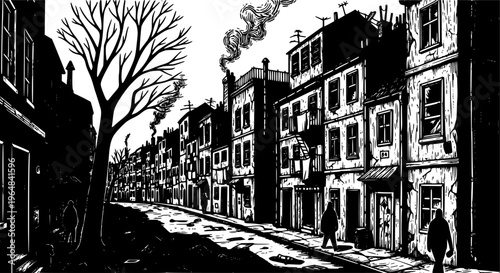 Monochrome woodcut illustration of a deprived neighborhood