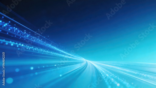 Tech Summit Key Visual, Futuristic Blue Gradient Background with Dynamic Flowing Particle Light Ribbons Surrounding Composition