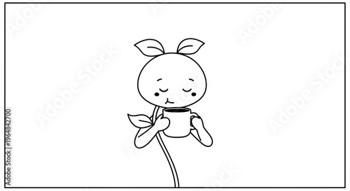 Cute plant character enjoying a warm cup of tea, black and white line art