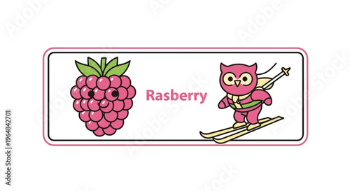 Cute Pink Owl Skiing Next to a Raspberry Illustration