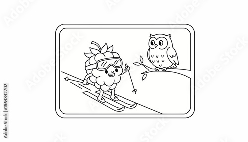 Cute Raspberry Character Skiing with Owl on Branch, Winter Sports Fun