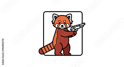 Cute Red Panda Character Holding a Gun, Cartoon Style
