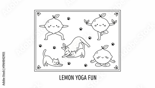 Cute Lemon Characters Doing Yoga Poses with Cats