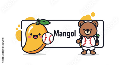 Cute Mango Character and Bear Playing Baseball, Cartoon Style