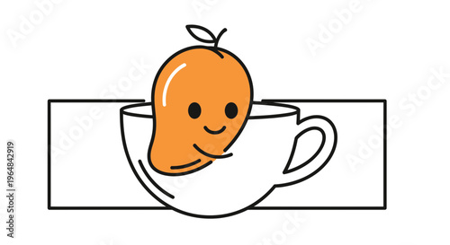 Cute Mango Character in Coffee Cup, Funny Fruit Illustration, Healthy Food Concept