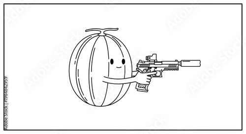 Cute Melon Character Holding a Gun with Silencer, Cartoon Style