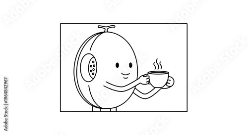 Cute Melon Character Holding a Hot Coffee Cup, Kawaii Style