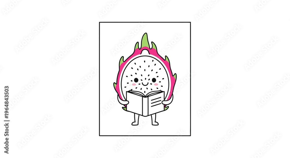 Fototapeta premium Cute Dragon Fruit Character Reading Book, Kawaii Style, Healthy Food Education Concept