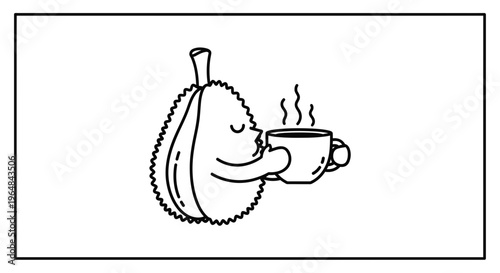 Cute Durian Character Enjoying a Hot Cup of Coffee, Steaming Beverage
