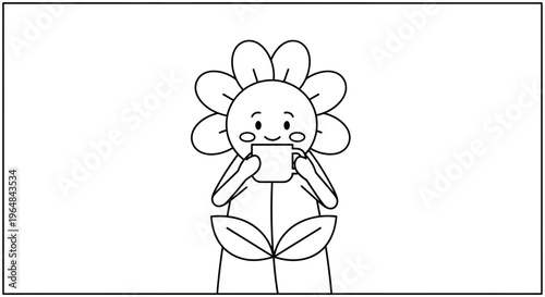 Cute Flower Character Drinking Coffee, Black and White Line Art