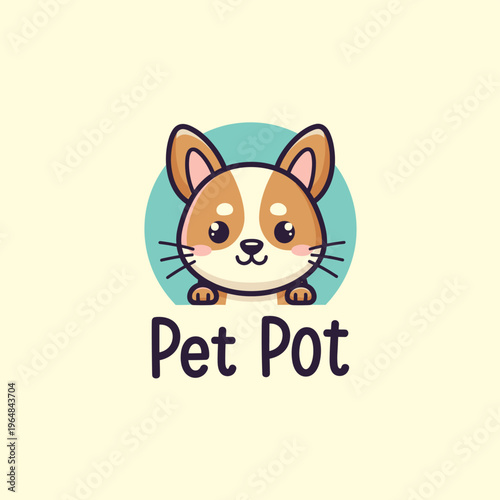 Cute cartoon corgi dog peeking over a teal circle with the text "Pet Pot" below, on a pale yellow background.