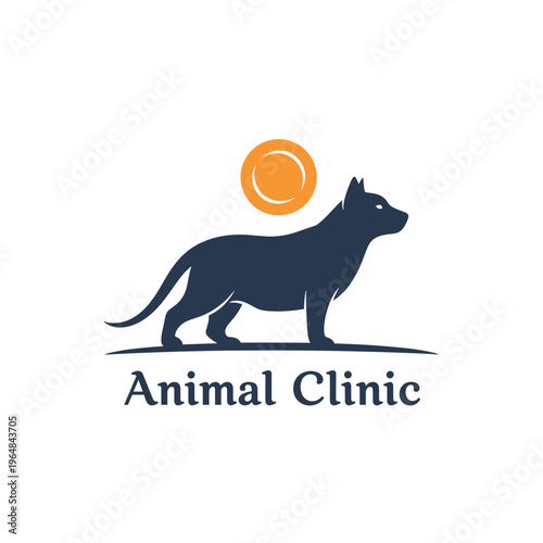 A dark blue silhouette of a dog standing under an orange sun, with the text "Animal Clinic" below.