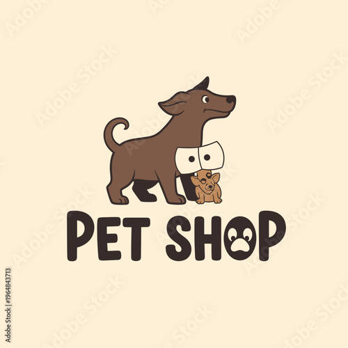 A charming cartoon logo for a pet shop featuring a large brown dog with a smaller puppy peeking from behind its neck, set against a light beige background with the text "PET SHOP" below.
