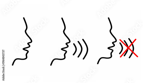 Three profile outlines illustrating speech, sound, and silence concepts.