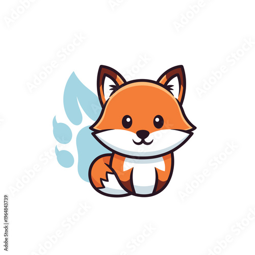 Cute cartoon fox illustration with a friendly expression and a light blue paw print in the background, perfect for a mascot or logo design.