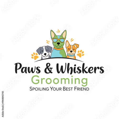 A vibrant logo for 'Paws & Whiskers Grooming' featuring three cartoon dogs, paw prints, and a tagline 'Spoiling Your Best Friend' on a white background.