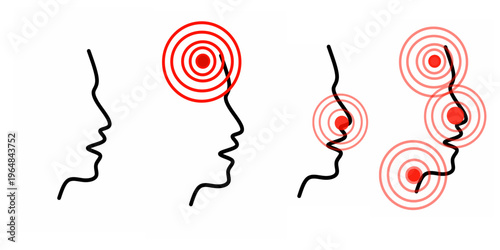Abstract illustration of human head profiles with pain points and radiating circles.