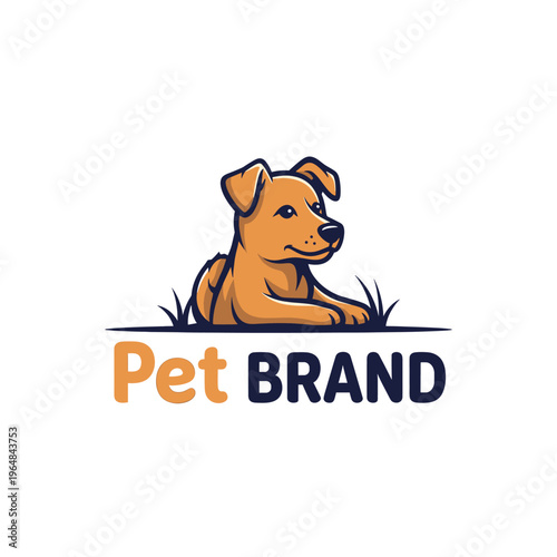 A charming cartoon logo featuring a friendly brown dog lying in green grass, with the text 'Pet BRAND' below, suitable for pet-related businesses.