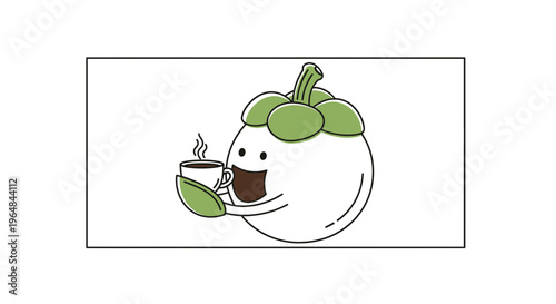 Cute cartoon mangosteen character holding a steaming cup of coffee, happy expression