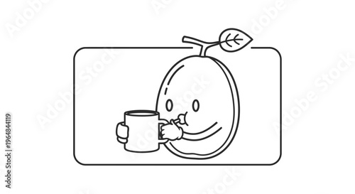 Cute cartoon melon character holding a mug and drinking coffee, black and white illustration