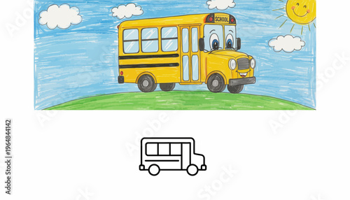 Cute Cartoon School Bus Character Driving on a Sunny Day with Blue Sky and Clouds