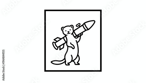 Cute cartoon weasel holding a rocket, funny animal illustration