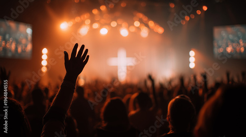 Spiritual atmosphere of a Christian music festival with silhouettes and bokeh lights