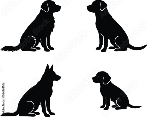Four black silhouettes of different dog breeds sitting on a white background
