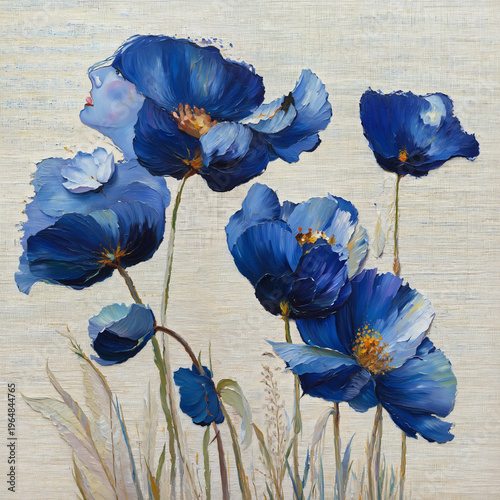 Blue Poppy Floral Oil Painting Art Illustration