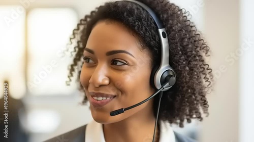 African American woman wearing headset smiling.