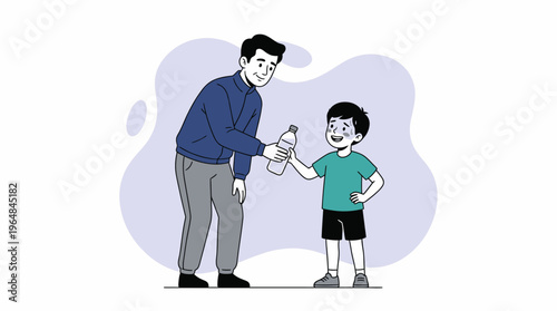 Caring father offering a bottle of refreshing water to his happy, thirsty son after physical activity, flat vector illustration