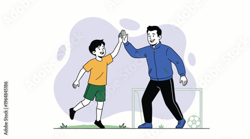 Happy Father and Son High-Fiving After Soccer Practice, Celebrating Teamwork and Achievement on the Field