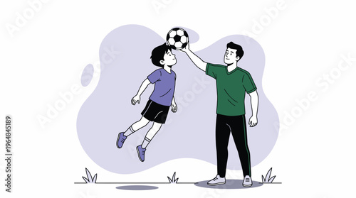 Joyful Father and Son Practicing Soccer Together, Learning to Head the Ball in a Flat Style Illustration