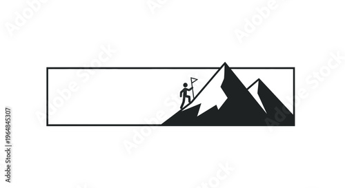 An inspiring black and white minimalist illustration of an individual conquering a mountainous
