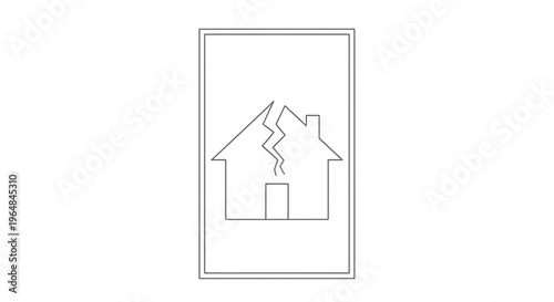 Simple line illustration depicting a dwelling split by a vertical crack symbolizing property