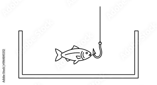 Clean line illustration of a fish taking bait on a hook, symbolizing capture and fishing success