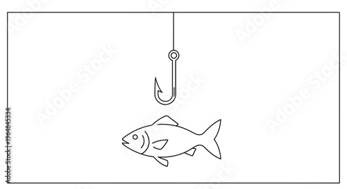 Minimalist outline illustration of a fish observing a hanging fishing hook from above