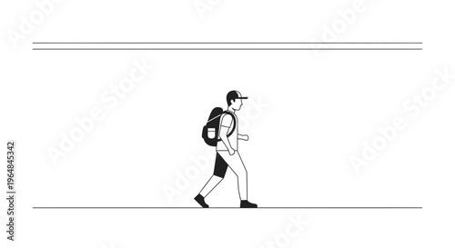 Modern minimalist monochrome illustration of a lone traveler with a backpack journeying forward on