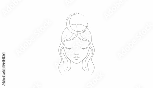 Ethereal goddess with celestial crescent moon and shimmering stars above her tranquil face