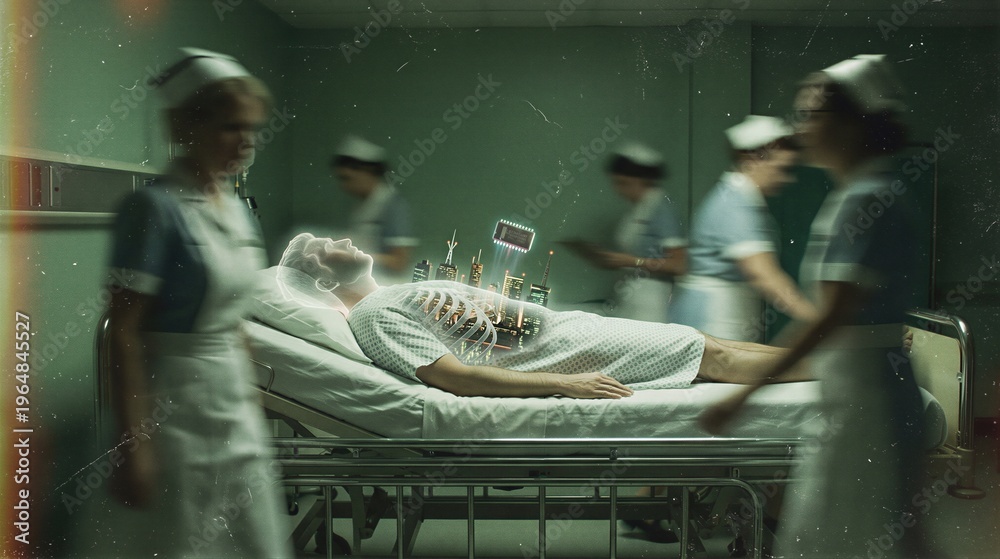 Naklejka premium Man patient on hospital bed with projected holographic city inside body while blurry nurses walk around. Digital mind control, mental manipulation and futuristic human zombification concept.